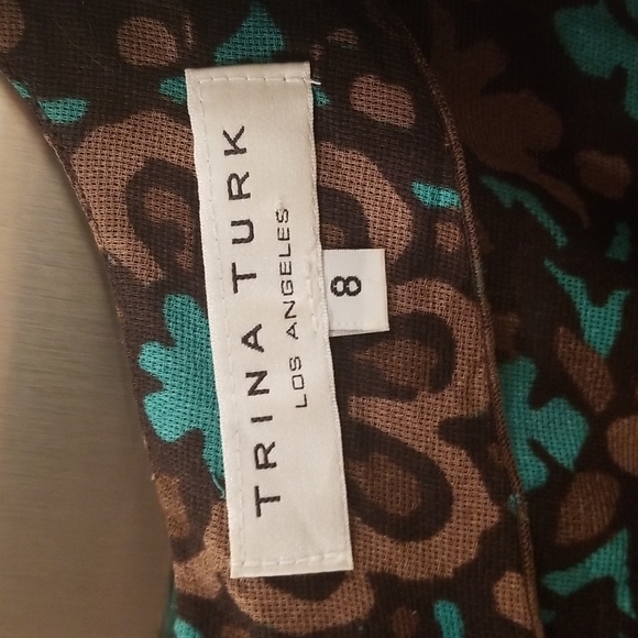 💕TRINA TURK💕 V-Neck Dress 8 Brown Aqua Abstract Floral Print - Picture 8 of 9